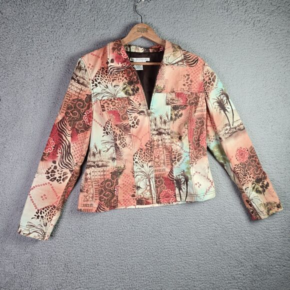 Maggy London Coral Patchwork Cotton Tropical Zip Front Vintage Y2K Jacket 12 - Picture 4 of 10